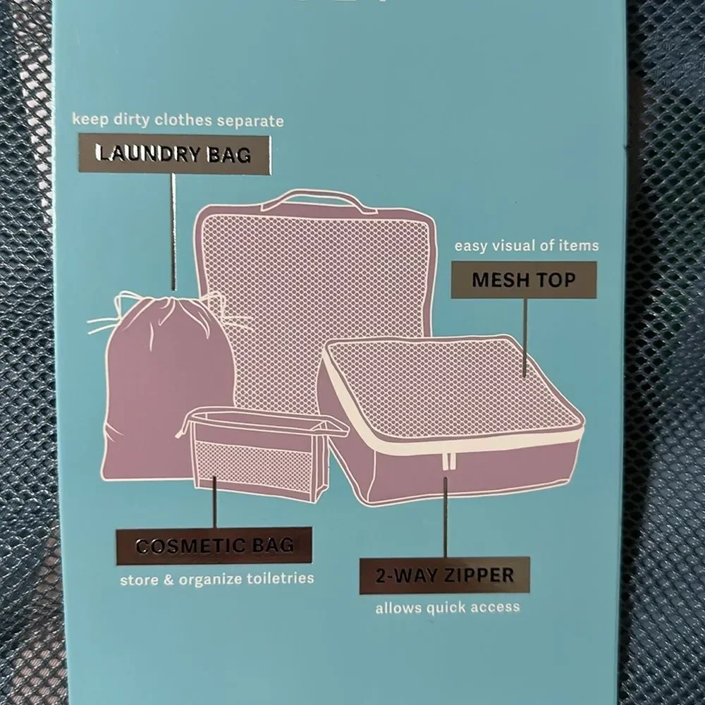 bliss Blue Green Blush Pink Mesh Stripe 4pc Travel Packing Cube Set
